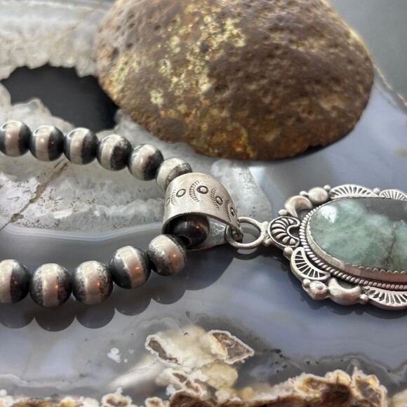 Sterling Silver Southwestern Style Oval Emerald Decorated Pendant For Women #1 - Picture 3 of 10